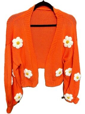 SHEIN Orange Daisy Knit Cardigan